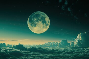 Wall Mural - vast, luminous moon above a sea of clouds at night. full moon, ethereal glow, starry sky, dark cloud