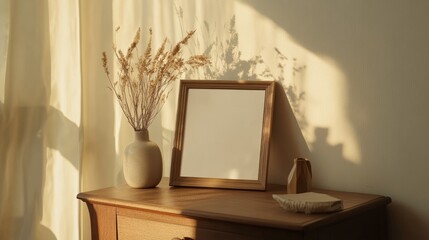 Poster - Natural Light Illuminates a Wooden Table Adorned With a Vase of Dried Flowers and a Blank Picture Frame, Creating a Serene Interior Setting in the Afternoon