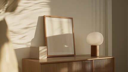 Poster - Minimalist Interior Design With a Wooden Dresser, a Round Lamp, and Soft Sunlight Illuminating the Empty Picture Frame