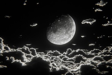 Wall Mural - a grayscale crescent moon hangs above a thick layer of clouds at night