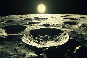 Wall Mural - lunar landscape with craters and a large moon. detailed surface texture of craters and uneven terrai