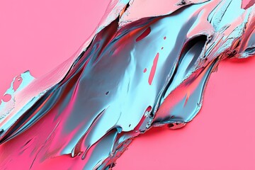 Poster - Abstract, fluid shapes in shades of turquoise, silver, and pink on a bright pink backdrop.  Dynamic, flowing forms create a sense of movement and energy