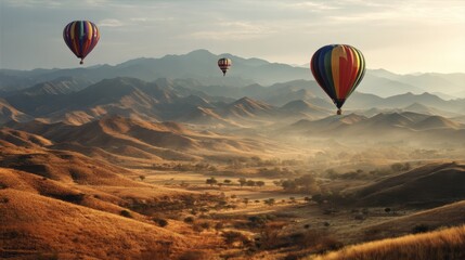 Poster - Hot Air Balloons Drift Serenely Over Picturesque Desert Mountains During the Enchanting Golden Hour Generative AI
