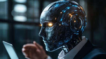 Aufkleber - Robot Head With Glowing Circuits Engaged in Programming on a Laptop in a Modern Tech Workspace During Evening Hours