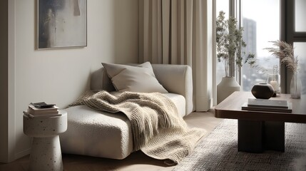 Poster - Minimalist Retreat An Artistic Blend of Modern Interior Design Enhancing Comfort Luxury and Style with Emphasis on Concept and Aesthetic Appeal Creating Serenity
