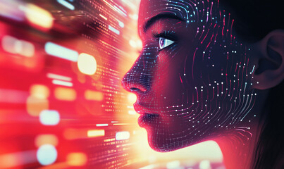 Poster - Futuristic portrait of a woman with digital facial patterns and vibrant background.