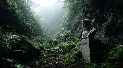 Aufkleber - A striking sculpture stands amidst dense jungle foliage, shrouded in soft fog and illuminated by ambient light, creating a serene and mystical atmosphere
