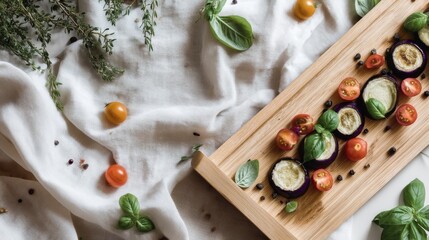 Poster - A wooden platter displays beautifully sliced roasted eggplant topped with cherry tomatoes and fresh basil on a white surface, creating an inviting culinary setting