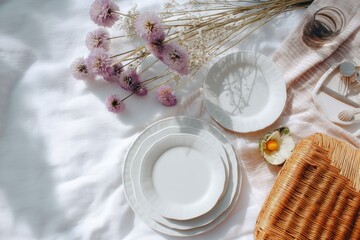 Aufkleber - Elegant Minimal Pastel Picnic Setup With Empty Plates and Delicate Flowers in a Sunny Outdoor Setting Generative AI