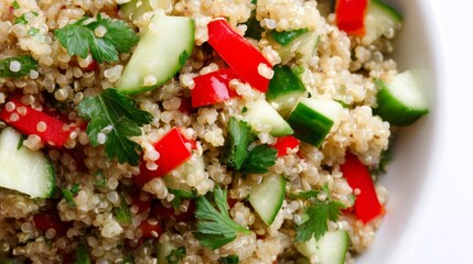 Aufkleber - Quinoa salad featuring diced cucumbers, red bell peppers, and cilantro presented on a white ceramic dish, showcasing vibrant colors and fresh ingredients