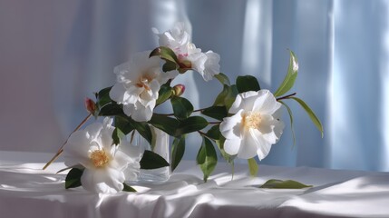 Leinwandbilder - A cluster of white camellias rests on smooth silk fabric, softly lit by diffused light, creating an elegant atmosphere with copy space available on the right side