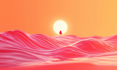 Poster - surreal landscape with red liquid waves and glowing sun at sunset.