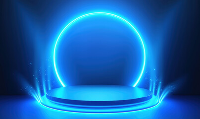 Poster - Illuminated blue circular stage with glowing neon lights and sparkling effects.