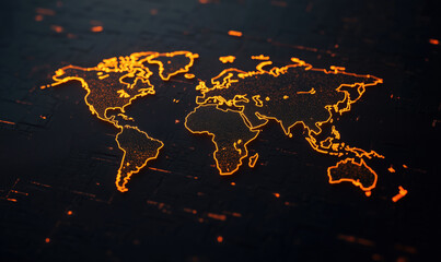 Poster - Glowing world map illustration with orange neon lines on dark textured background.