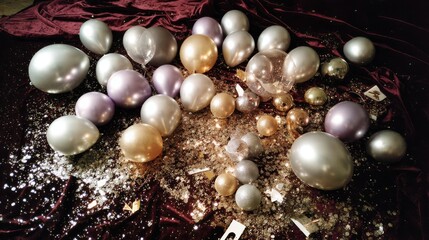 Fototapete - Silver balloons in various sizes scatter across a dark velvet curtain, surrounded by shimmering glitter, enhancing the celebratory vibe illuminated by a spotlight