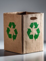 Aufkleber - Large Craft Paper Box Featuring Green Recycling Symbols on a Gray Background During Afternoon Light Illuminating Eco-Friendly Packaging Generative AI