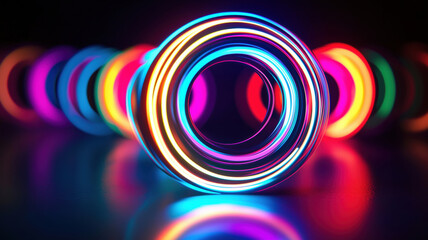 Poster - Colorful neon light rings creating vibrant circular patterns in dark background.