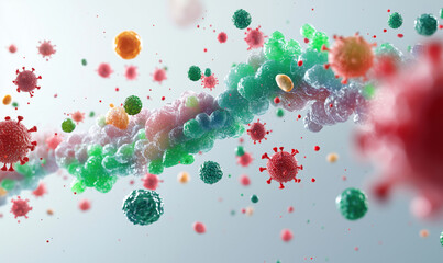Poster - Colorful representation of viruses and bacteria in a dynamic microscopic environment.