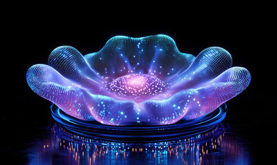 Poster - Glowing abstract flower shape with luminous particles and vibrant colors.