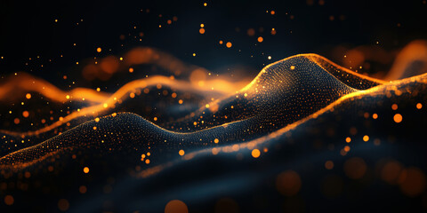 Poster - Abstract glowing wave patterns with orange particles on dark background.