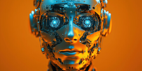 Poster - Futuristic robotic face with intricate circuitry and glowing blue eyes.