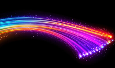 Poster - colorful glowing rainbow light trails with sparkling effects on black background.