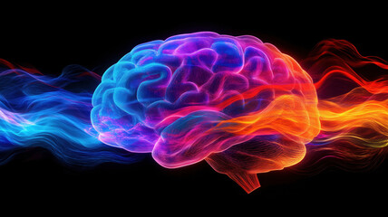 Poster - Colorful abstract brain illustration with vibrant energy waves and neon effects.