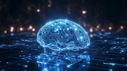 Aufkleber - Digital Brain Network With Glowing Circuitry Over a Futuristic Technology Background Illustrating Artificial Intelligence Development