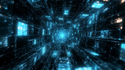 Poster - Visually Striking Digital Landscape With Glowing Blue Cubes in a Three-Dimensional Space Creating a Futuristic Atmosphere