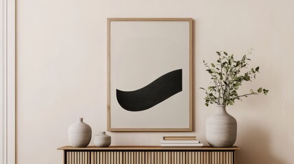 Poster - Elegant Modern Interior Decor Featuring Minimalist Vases and Art on a Neutral-Toned Surface With Natural Elements in a Cozy Living Space