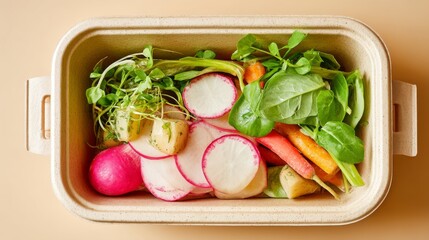 Aufkleber - Freshly sliced vegetables like radish, carrots, and leafy greens are beautifully arranged in a biodegradable container, emphasizing vibrant colors and nutrition