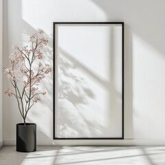 Poster - Bright and Airy Interior Featuring a Blank Picture Frame and a Potted Plant in a Sunlit Room