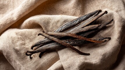 Poster - Vanilla pods lay on white linen, their dark tones contrasting with the warm background, creating a serene and inviting atmosphere