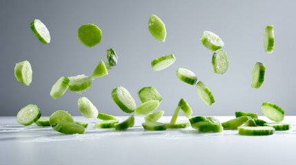 Aufkleber - Thin cucumber slices are captured in mid-fall, scattered in an artistic pattern against a plain white background, creating a light and refreshing visual effect