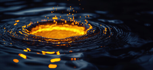 Poster - Captivating water splash creating mesmerizing golden ripples in dark background.
