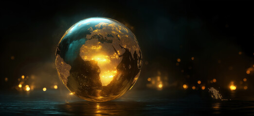 Poster - glowing earth globe with illuminated continents and sparkling background effects.