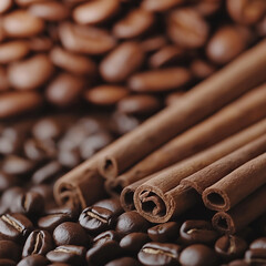Poster - Coffee Beans and Cinnamon Sticks Close-Up for Culinary Inspiration and Aromatic Delights.