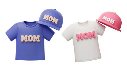 Poster - 3d rendering blue t-shirt and a blue cap with the word MOM and white t-shirt and a pink cap with the word MOM isolated on transparent background, PNG file add