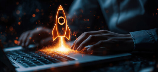 Poster - Rocket launching from laptop keyboard symbolizing innovation and technology advancement.