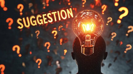 Poster - Conceptual Representation of Ideas and Suggestions With a Glowing Light Bulb and Question Marks Above a Silhouette Head