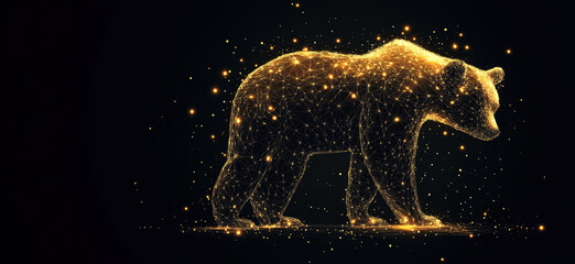 Poster - Golden bear silhouette in digital wireframe design with glowing particles.