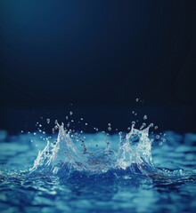 Poster - Water splash creating dynamic droplets in serene blue background.