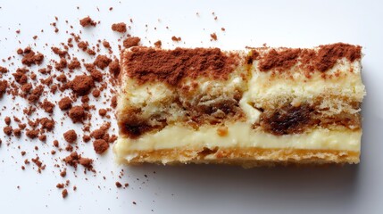 Aufkleber - Dessert slice features layers of espresso-soaked cake and creamy filling, topped with cocoa powder, served on a neutral plate with space for text