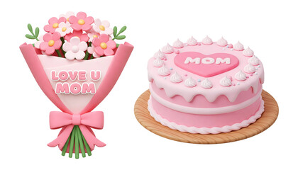 Poster - 3d bouquet of pink and white flowers with the words Love U Mom and pink cake with the word MOM on a heart and pink frosting swirls isolated on transparent background, PNG file add