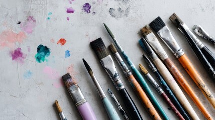 Poster - A set of artist paintbrushes is meticulously organized on a marble surface, with colorful watercolor drops splattered nearby and ample copy space for text placement