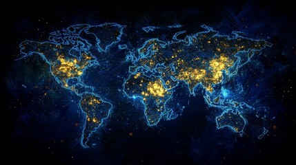 Aufkleber - Digital Representation of a Blue Glowing World Map With Data Visualization on a Black Background