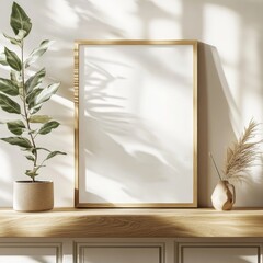 Poster - Minimalist Interior Decor Featuring a Blank Frame and a Vase With Greenery in Soft, Natural Light at an Indoor Setting