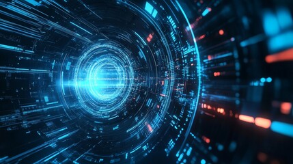 Aufkleber - Dynamic Blue Digital Landscape Illustrates Fast Movement Through a Network of Data and Technology