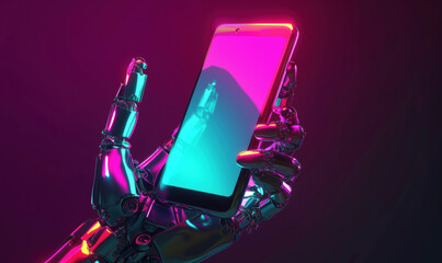 Poster - Futuristic robotic hand holding smartphone with vibrant neon colors and reflections.