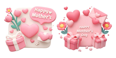 Poster - 3d rendering Happy Mother's Day message with pink hearts, flowers and gifts isolated on transparent background, PNG file add